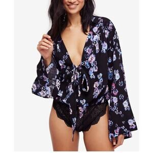 Free People Blue Floral Forties Feel Bodysuit Size Small